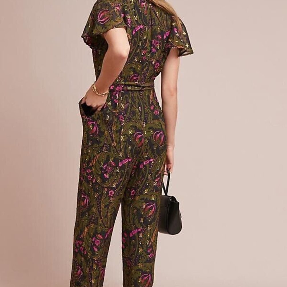 Anthropologie Floral Jumpsuit Size 2 in Green and Purple - Picture 2 of 6